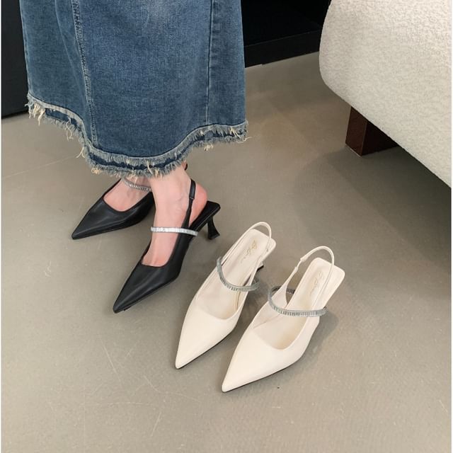 Niuna-Pointed Toe Rhinestone Kitten Heel Slingback Mules
