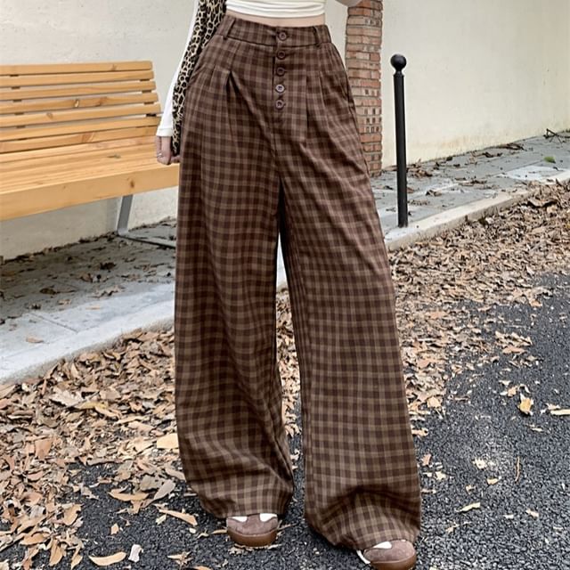 Beem-High Rise Plaid Button Fly Baggy Pants
