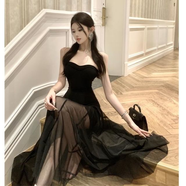 Odestra-Strapless Plain Mesh Panel Maxi Mermaid Dress