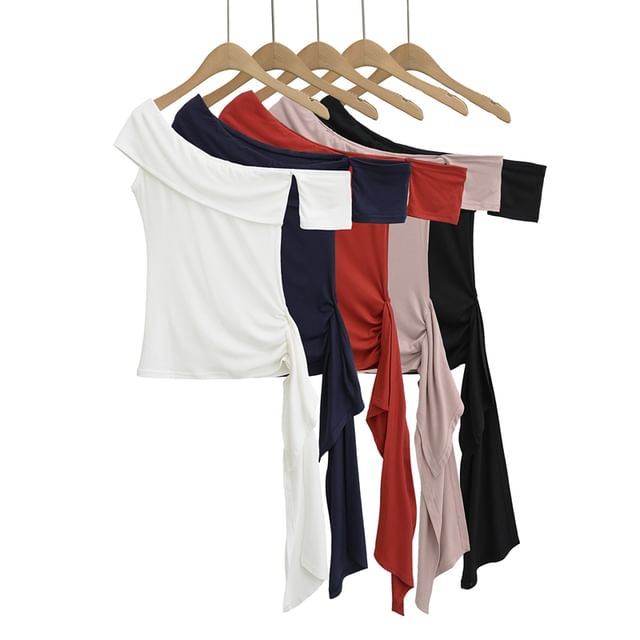 Ulark-Short-Sleeve One Shoulder Plain Ruffle Trim Top