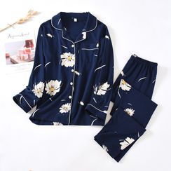 Dogini - Pajama Set: Flower Print Shirt + Lounge Pants Dogini - Pajama Set: Flower Print Shirt + Lounge Pants