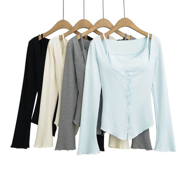 Ulark-Set Flared-Sleeve Scoop Neck Plain Lettuce Edge Asymmetrical Tee Camisole Top