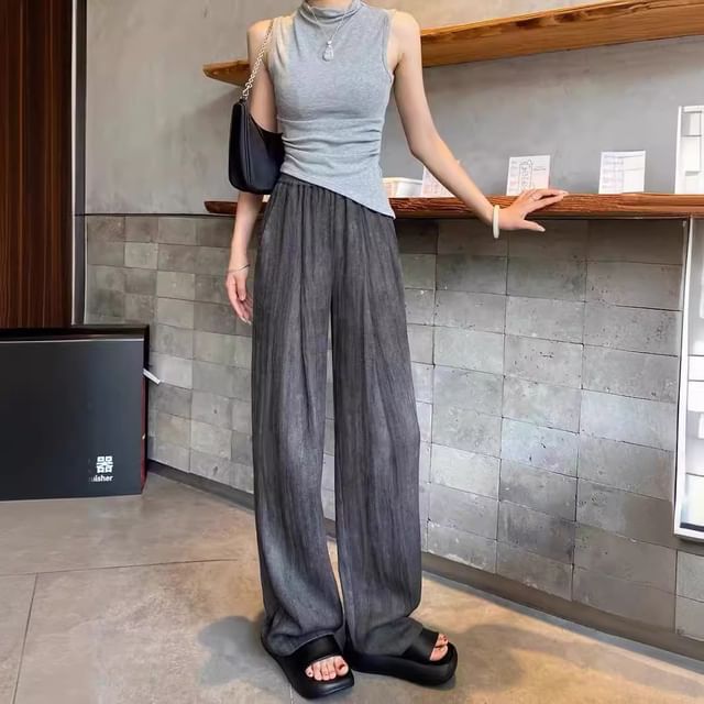 Dovitade-Elastic Waist Plain Wide Leg Pants
