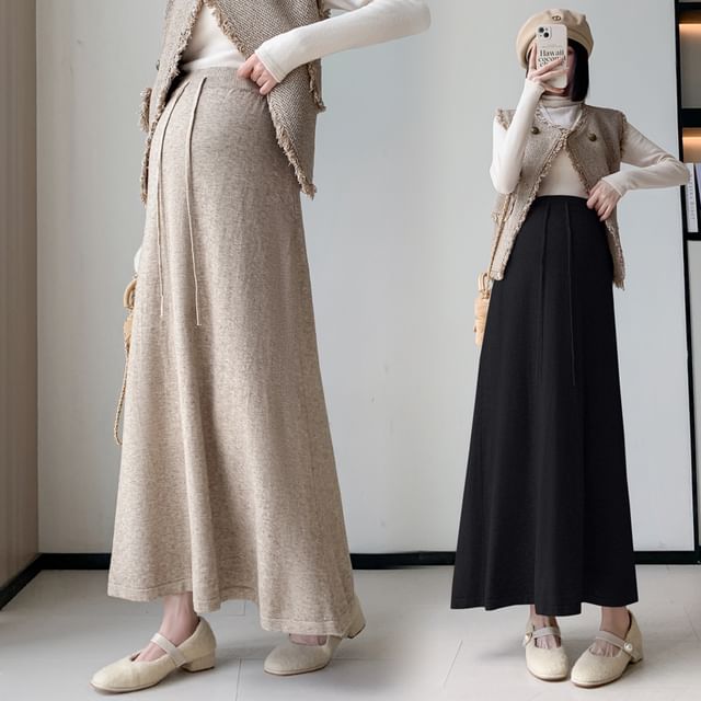 NEUF-Maternity Drawstring Waist Plain Maxi A-Line Skirt