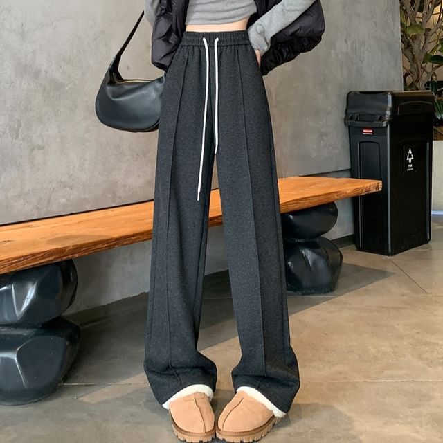 Magimomo-Drawstring Waist Plain Wide Leg Pants