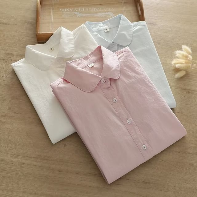 PANDAGO-Long Sleeve Collared Plain Button Shirt