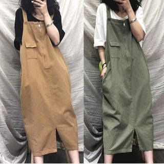 MIKIGA-Plain Half-Zip Slit Midi Cargo Pinafore Dress