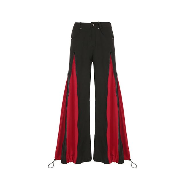 SPUCIKLEI-High Rise Two-Tone Drawstring Wide Leg Pants