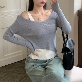 Allinya-Scoop Neck Two Tone Asymmetrical Mock Two-Piece Sweater