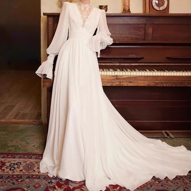 DreesHouse-Long-Sleeve Mesh Panel A-Line Wedding Gown