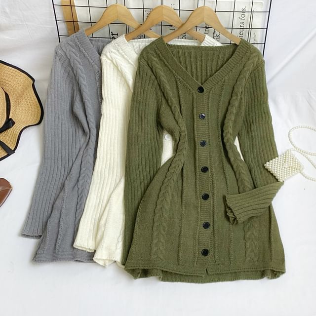 Iasia - Long-Sleeve V-Neck Plain Cable Knit Button-Up Mini A-Line Dress | YesStyle Iasia - Long-Sleeve V-Neck Plain Cable Knit Button-Up Mini A-Line Dress | YesStyle