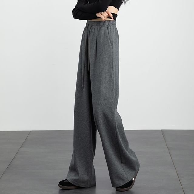 Magimomo-Drawstring Waist Plain Wide Leg Pants