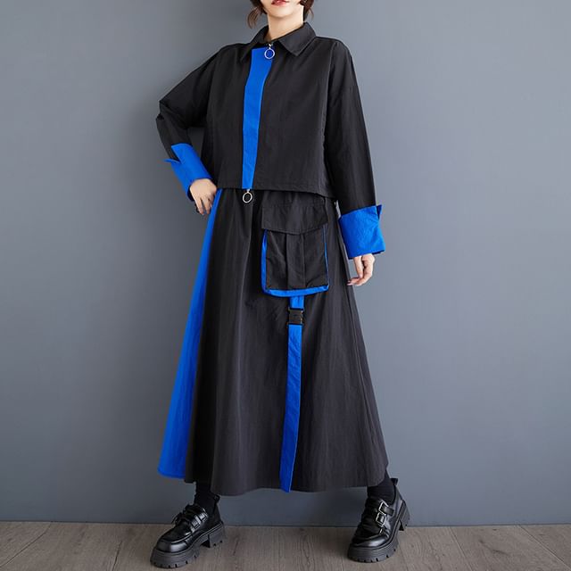 Lewwe-Set Collared Two Tone Panel Zip Jacket Elastic Waist Midi A-Line Cargo Skirt