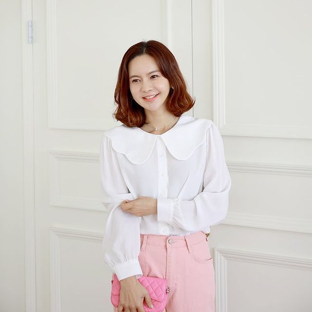 トップス mare Scallop Collar Blouse Marsha Scallop Collar Blouse | Vintage-Inspired Blue V-Neck Blouse