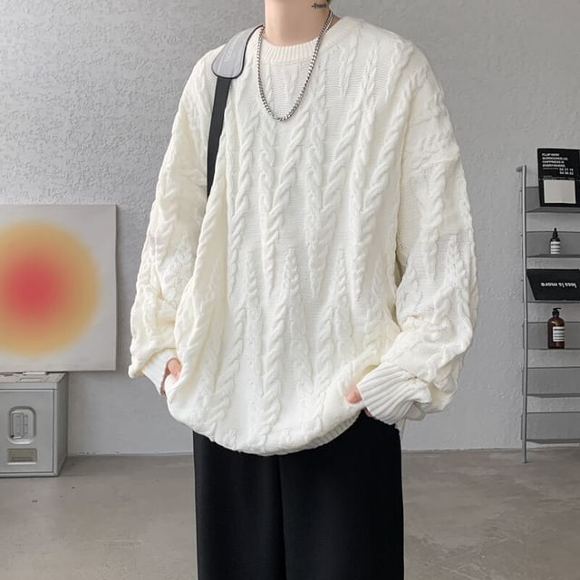 Ninine-Crew Neck Plain Cable Knit Sweater