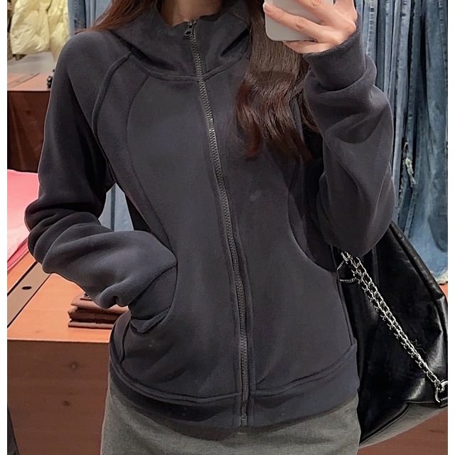 Trendycas-Stand Collar Plain Panel Fleece Zip Hoodie