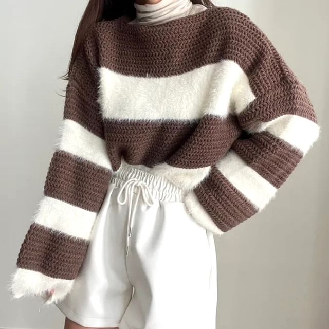 ISSOL-Boat Neck Striped Fluffy Cropped Sweater