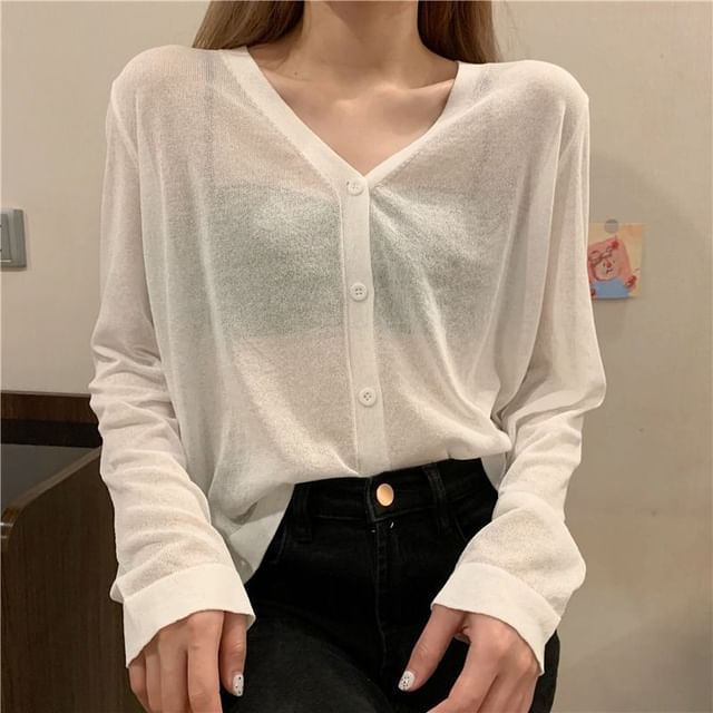 Sisyphi-V-Neck Sheer Plain Cardigan