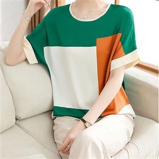 Everose-Short-Sleeve Round Neck Color Block Top
