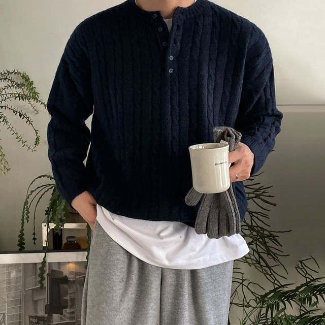 MRCYC-Henley Plain Cable-Knit Sweater