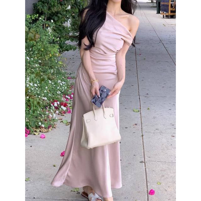 innomori-Off Shoulder Plain Maxi Sheath Dress
