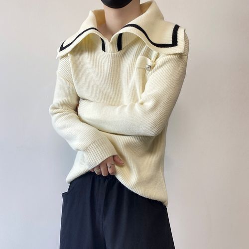 Adothuiastic - Sailor-Collar Plain Ribbed Loose Fit Sweater | YesStyle