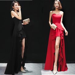 Cassidy - Spaghetti Strap Ruffled Slit A-Line Evening Gown