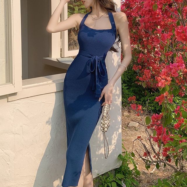 tie waist rib knit midi dress Maine - Halter Plain Ribbed Sheath stylecode:D1829