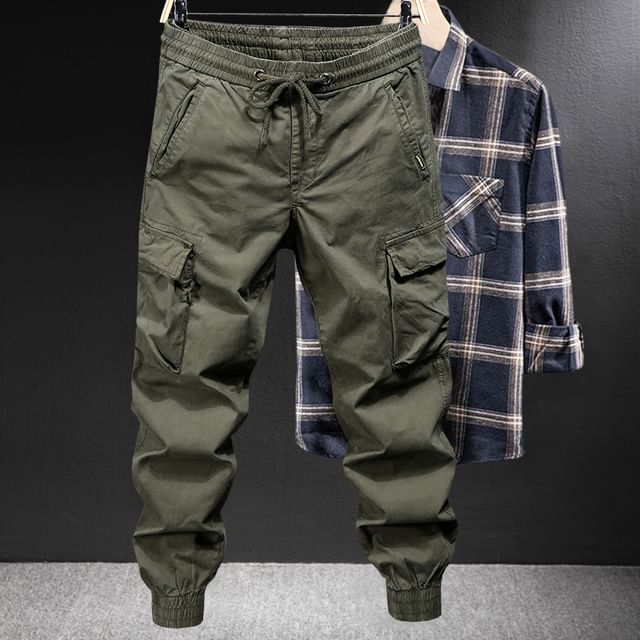 Ninine-Mid Rise Plain Cargo Tapered Pants