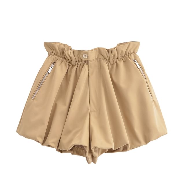 Asiris-High Waist Plain Zipped Bubble Hem Shorts