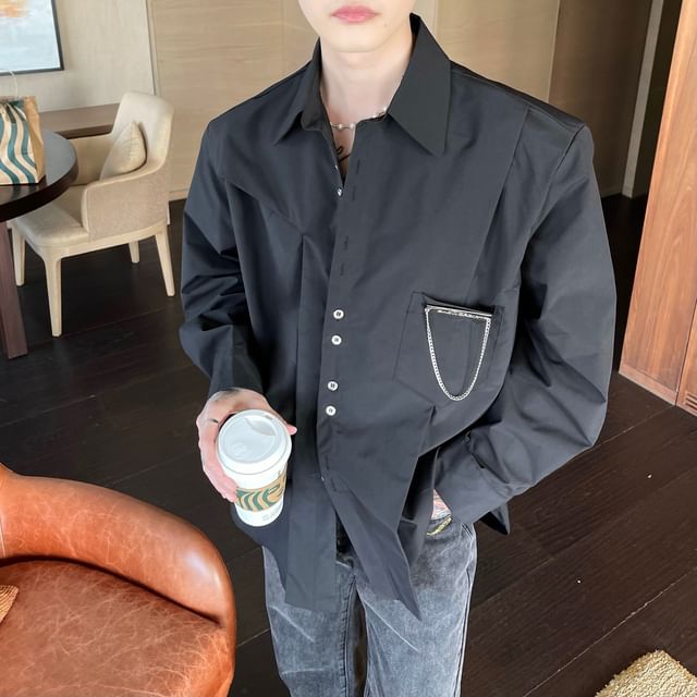 Phoneus-Long-Sleeve Plain Chained Button-Up Shirt