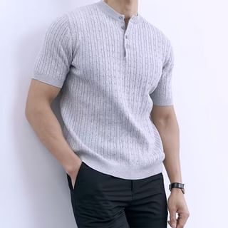Urtishia-Short-Sleeve Henley Cable Knit Top