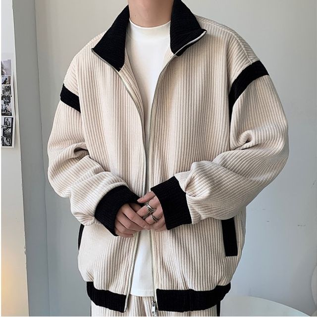 ravewider-Ribbed Two Tone Zip-Up Jacket