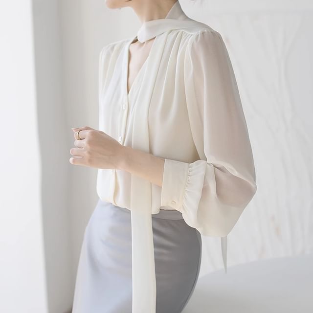 Shinsei-Long-Sleeve Scarf Neck Plain Button-Up Blouse