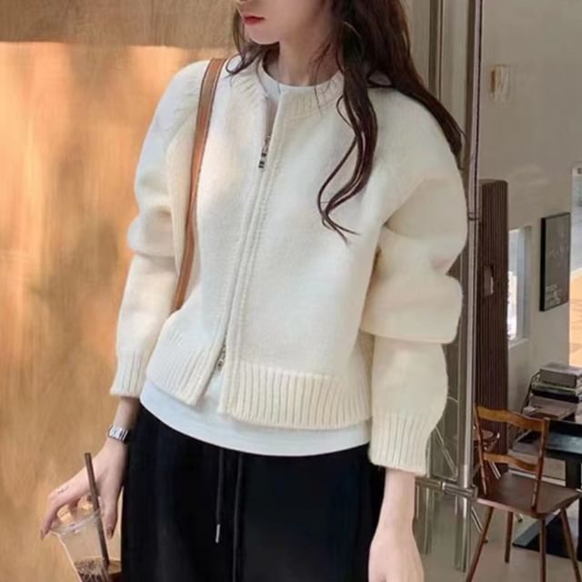 Happo-Round Neck Plain Zip Cardigan