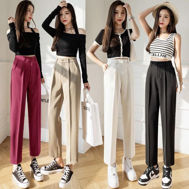 Sienne-High Rise Plain Cropped Straight Leg Slacks