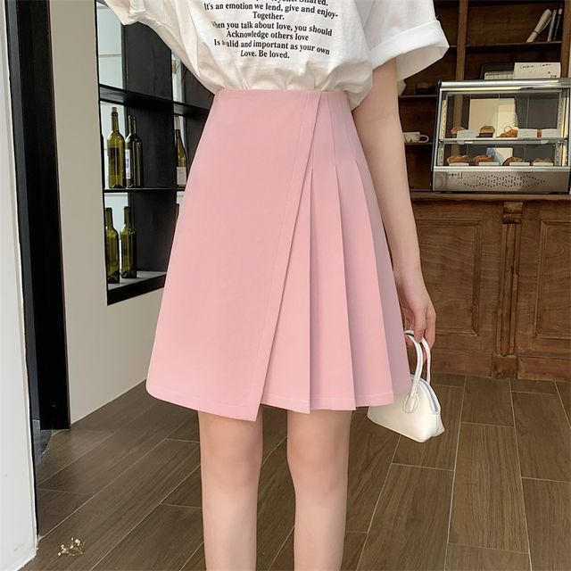 Wildfoea-High Waist Plain Pleated A-Line Skirt