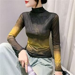 Everose-Long-Sleeve Turtleneck Gradient Mesh Slim Fit Top