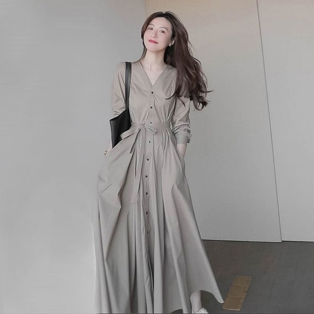 white christmas dresses Plain High Neck Long Sleeve A-line Maxi Dress – HelloFatima main image 0
