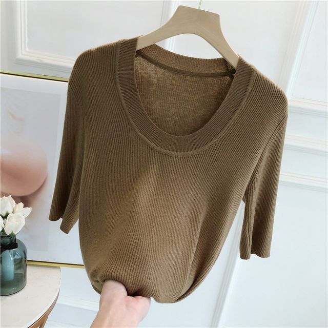 Sakecress ElbowSleeve Scoop Neck Knit Top YesStyle