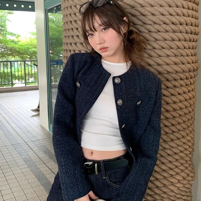 Jeonseon-Round Neck Tweed Button Jacket