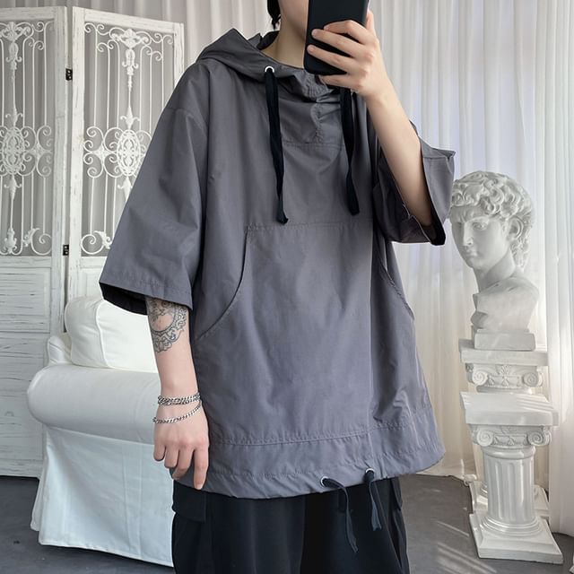 Orungeetun-34-Sleeve Drawstring Hem Plain Hoodie