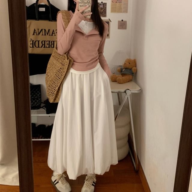 ZENME Mid Rise Plain Midi A-Line Skirt YesStyle