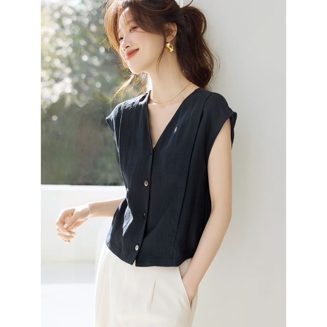 Jeonseon-Cap Sleeve V-Neck Plain Blouse