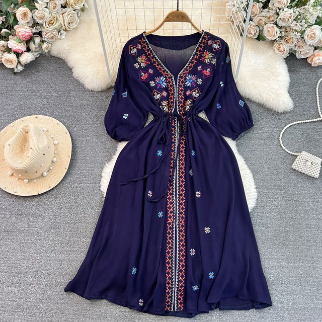 Yearnin - Puff-Sleeve V-Neck Embroidered Midi A-Line Tunic Dress