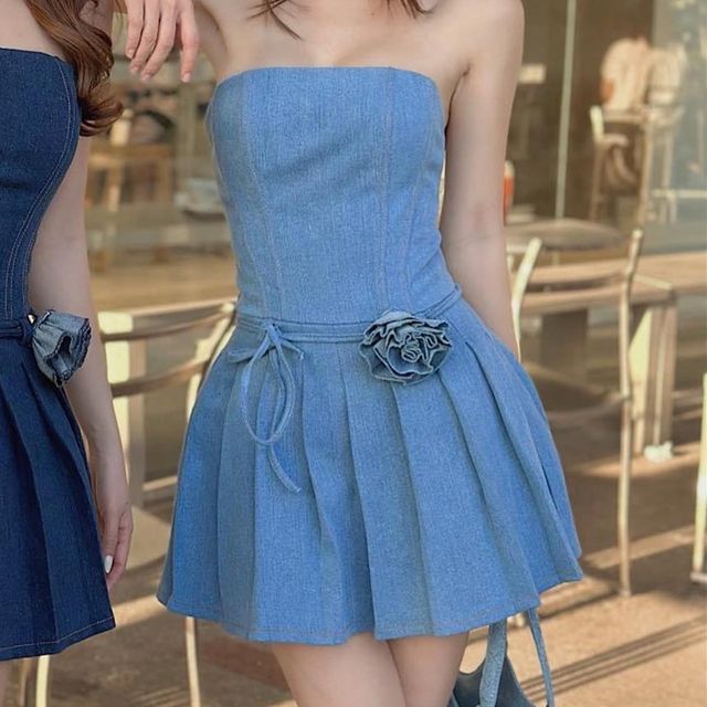 strapless open back dress Tube Top High Waist Pleated Tutu Mini Dress White / S by Blue Zone Planet main image 1