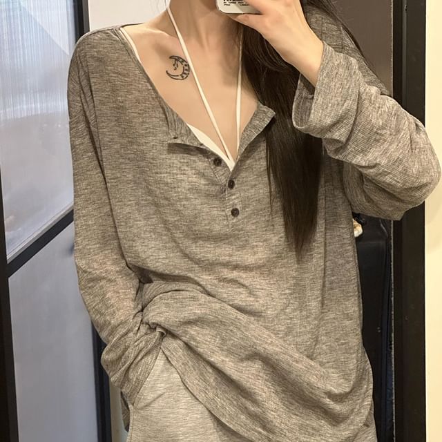 GOUB-Long Sleeve Henley Plain Tee