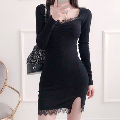 Aurora - Long-Sleeve Lace Trim Mini Bodycon Dress | YesStyle Aurora - Long-Sleeve Lace Trim Mini Bodycon Dress | YesStyle