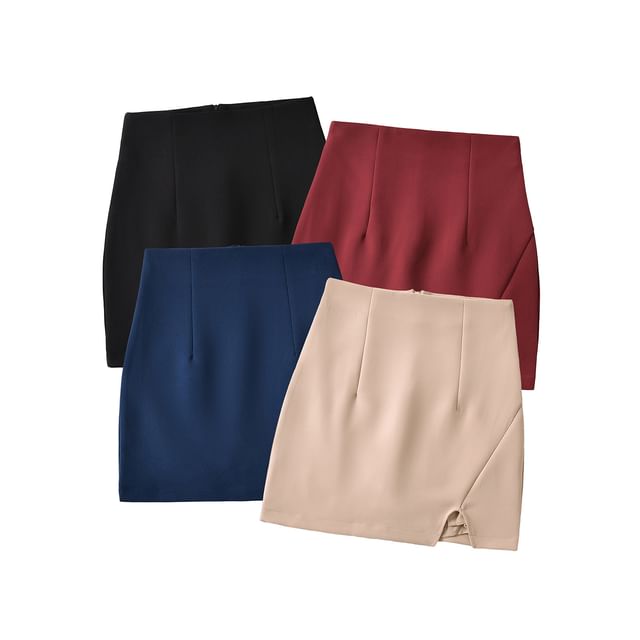Asiris-High Rise Plain Slit Panel Mini A-Line Skirt