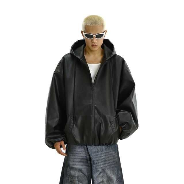 Meiksip-Plain Hood Faux Leather Zip Jacket
